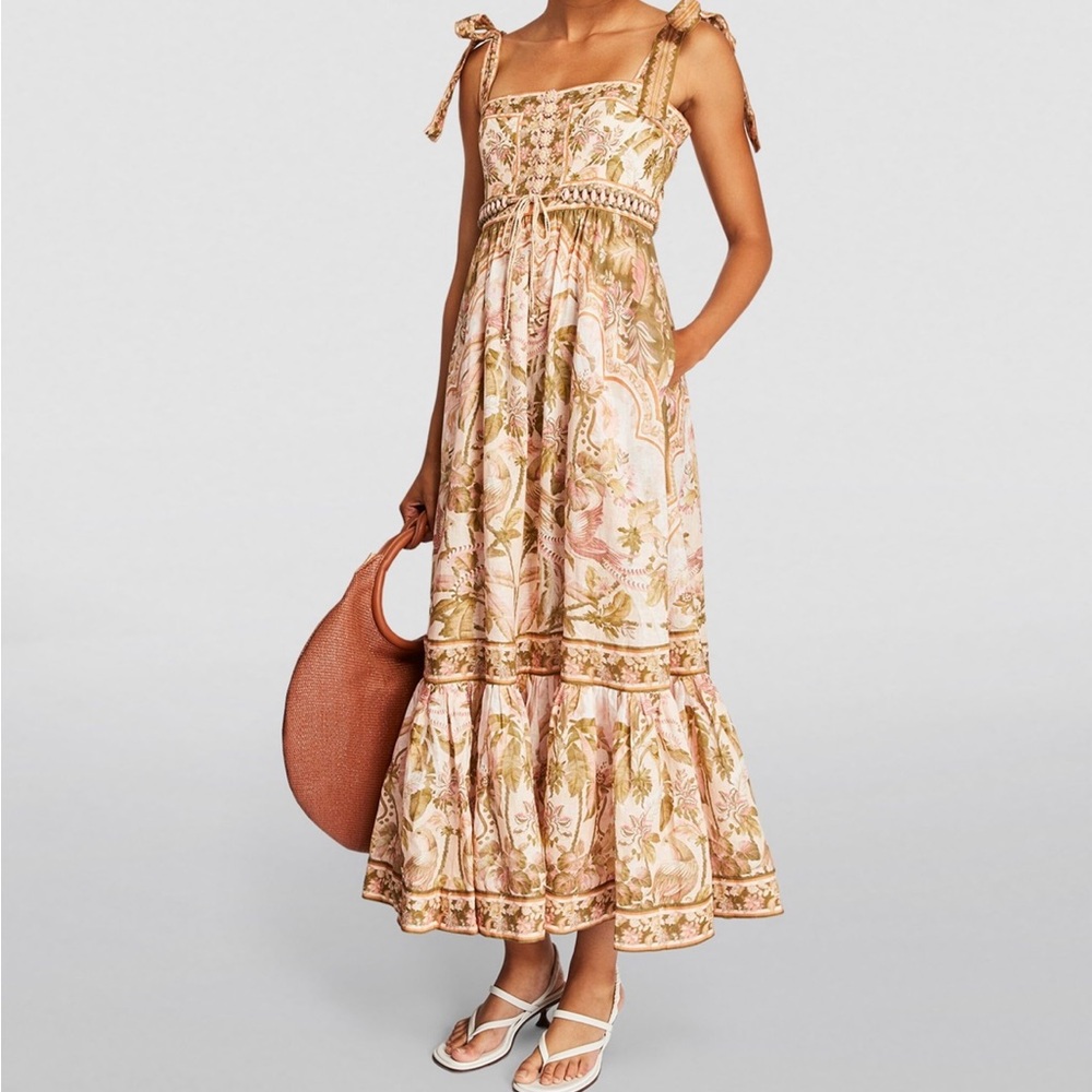 The Lyre Picnic midi Dress in Khaki Palm from Summer Swim 2022 Collection.
